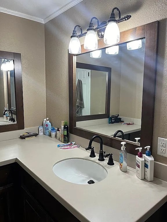 bathroom with crown molding and vanity