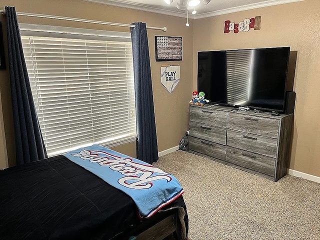 bedroom featuring light carpet and crown molding