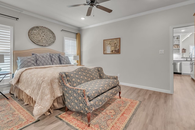 bedroom with light hardwood / wood-style flooring, multiple windows, crown molding, and ceiling fan