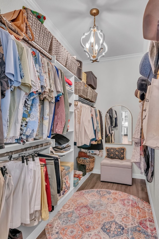 spacious closet featuring a notable chandelier and hardwood / wood-style floors