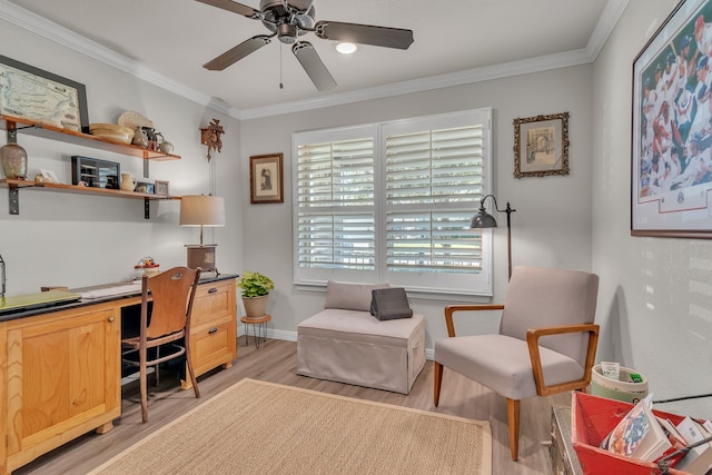 home office with light hardwood / wood-style flooring, ceiling fan, and crown molding