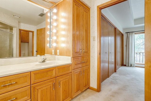 bathroom with walk in shower and vanity