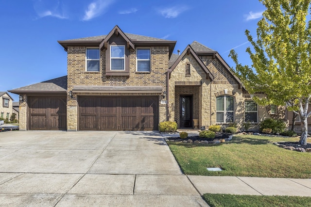 view of front of property with a front lawn and a garage