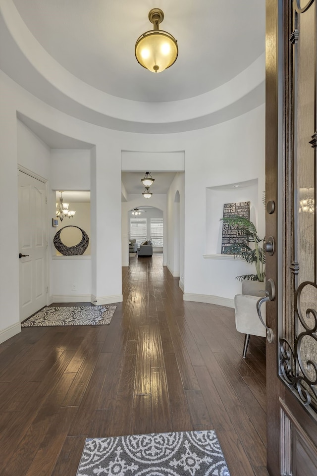 foyer entrance featuring a raised ceiling and dark wood-type flooring