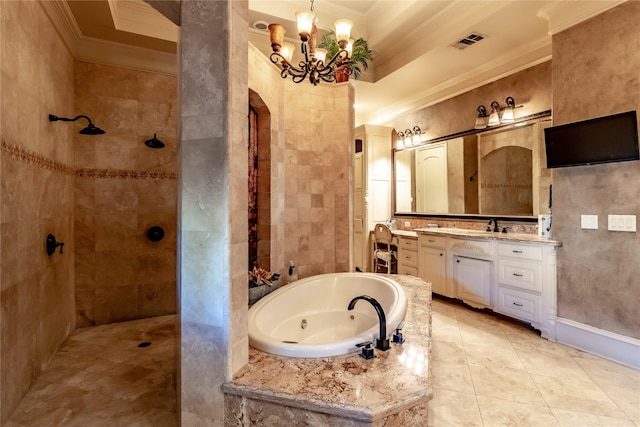 bathroom featuring vanity, an inviting chandelier, crown molding, and separate shower and tub