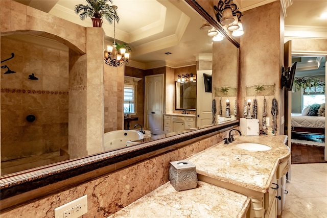 bathroom with crown molding, walk in shower, a notable chandelier, and vanity