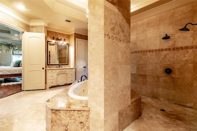 bathroom featuring vanity, shower with separate bathtub, ornamental molding, and tile patterned floors