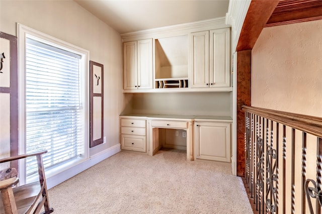 unfurnished office with light colored carpet and built in desk