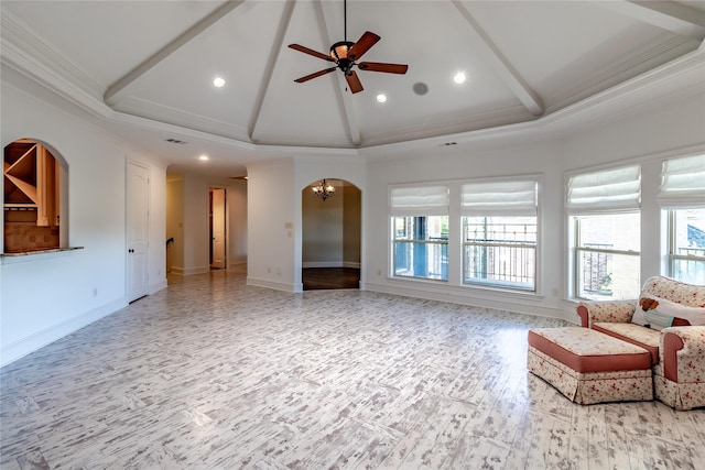 living room featuring crown molding, ceiling fan with notable chandelier, beamed ceiling, and high vaulted ceiling