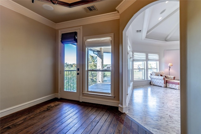 doorway to outside featuring crown molding and dark hardwood / wood-style flooring