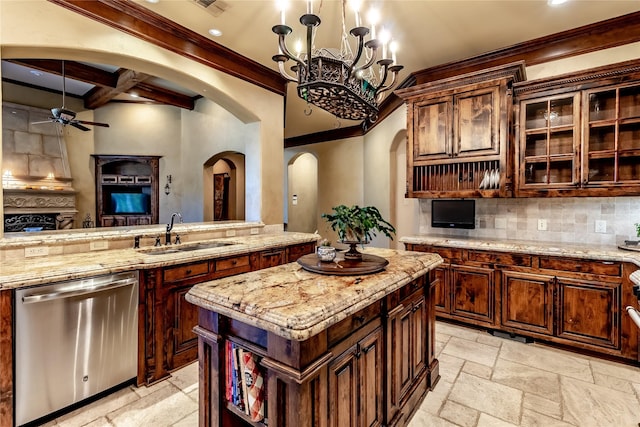 kitchen featuring stainless steel dishwasher, sink, a center island, coffered ceiling, and beamed ceiling