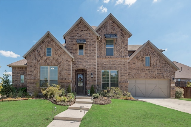 view of front of home featuring a front yard and a garage