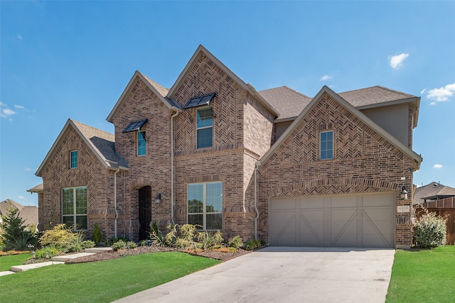 view of front of house with a garage and a front lawn