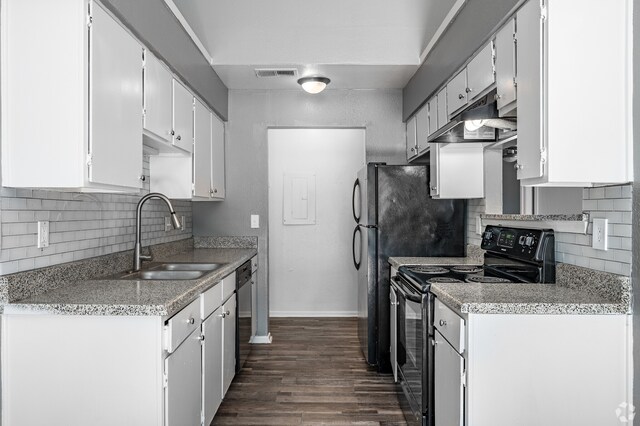 kitchen with white cabinets, black range with electric stovetop, sink, stainless steel dishwasher, and dark hardwood / wood-style flooring