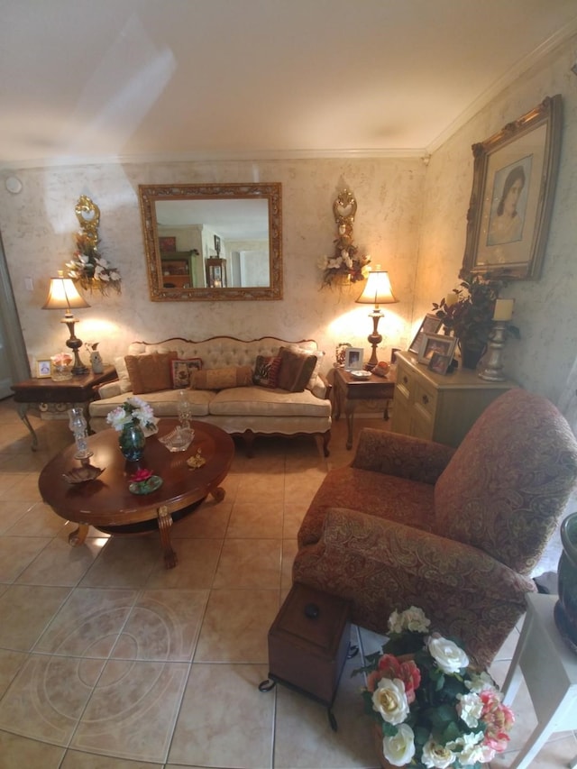 living room featuring light tile patterned flooring and crown molding