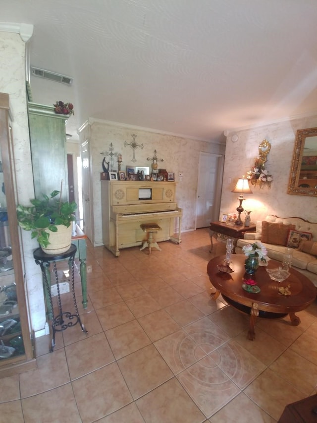 living room with light tile patterned floors and crown molding