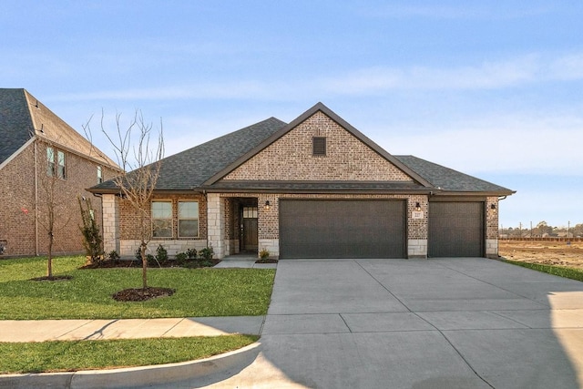 view of front of property featuring a garage and a front lawn