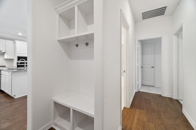 mudroom featuring sink and dark wood-type flooring