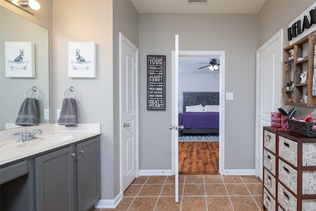 bathroom with tile patterned floors, vanity, and ceiling fan