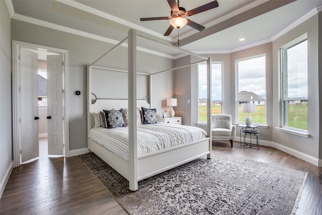 bedroom featuring ceiling fan, ornamental molding, and dark wood-type flooring