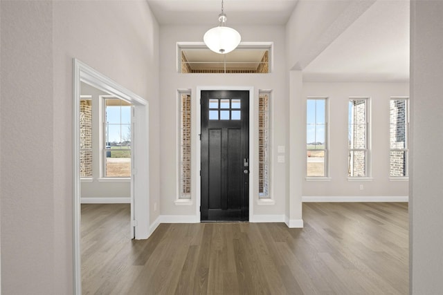 foyer entrance featuring baseboards and wood finished floors