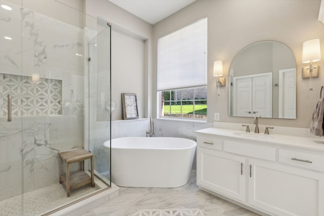 bathroom featuring vanity and plus walk in shower