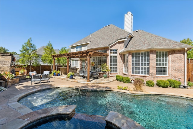 view of pool with an outdoor living space, an in ground hot tub, a pergola, and a patio