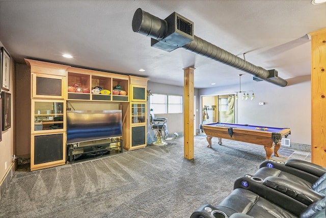 playroom featuring pool table and dark carpet