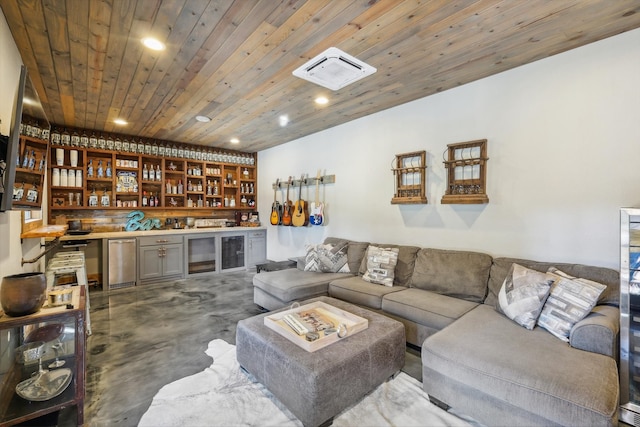 living room featuring wood ceiling and indoor bar