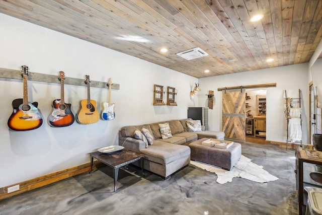 living room featuring a barn door, wood ceiling, and concrete floors