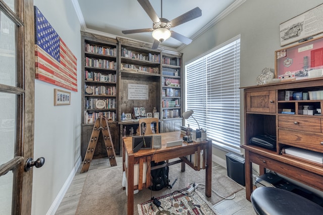 office space with crown molding, ceiling fan, light hardwood / wood-style flooring, and a wealth of natural light