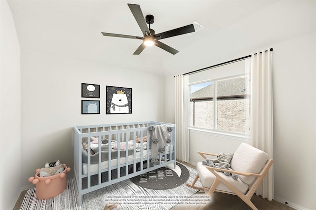 bedroom with carpet floors and ceiling fan