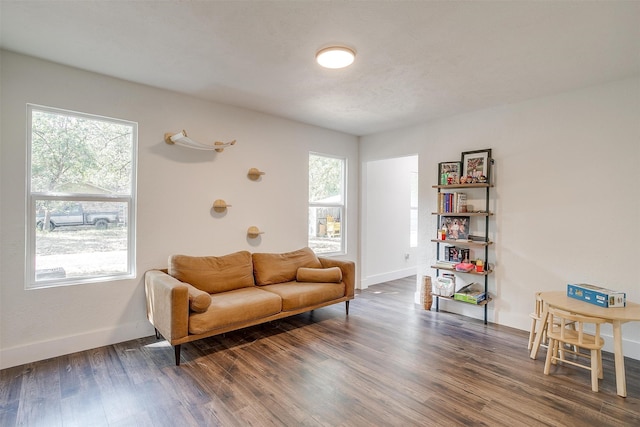 living room featuring plenty of natural light and dark hardwood / wood-style flooring