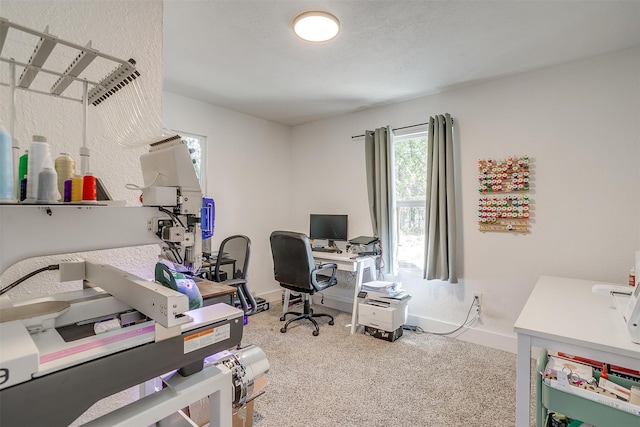 office space featuring a textured ceiling and light colored carpet