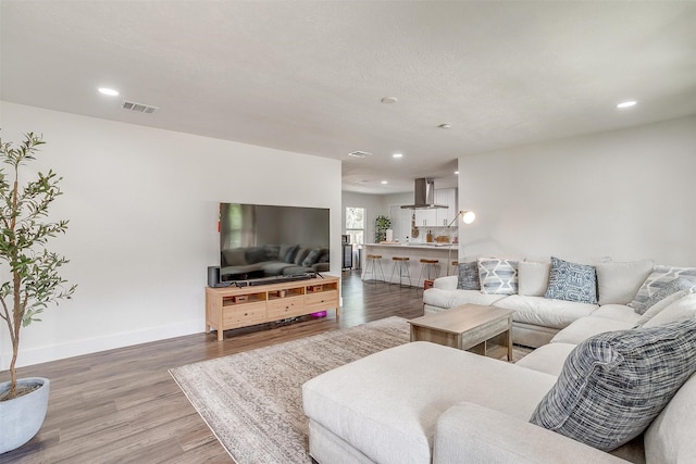 living room with a textured ceiling and hardwood / wood-style flooring