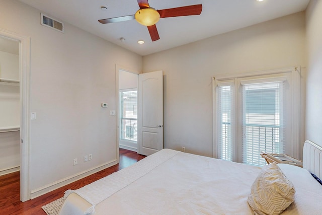 bedroom featuring a walk in closet, ceiling fan, a closet, and dark hardwood / wood-style flooring