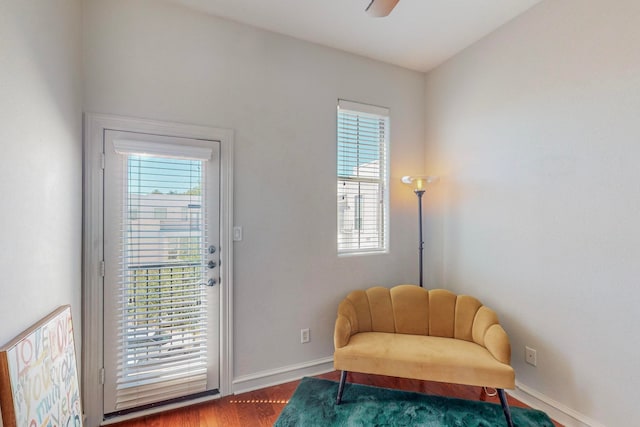 living area with ceiling fan and dark hardwood / wood-style flooring