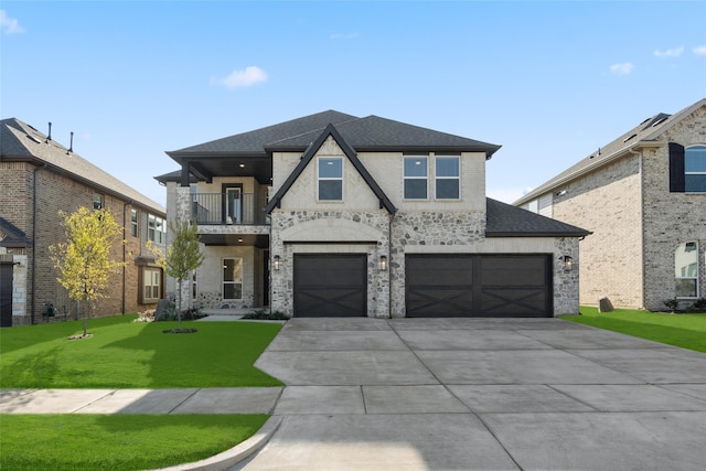 view of front of home with a garage, a balcony, and a front yard