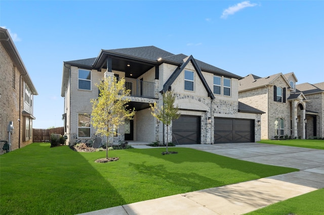 view of front of house with a front lawn, a balcony, and a garage