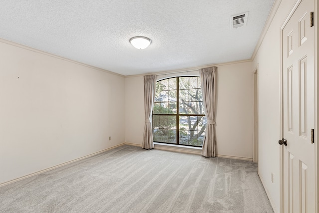 carpeted empty room with ornamental molding and a textured ceiling