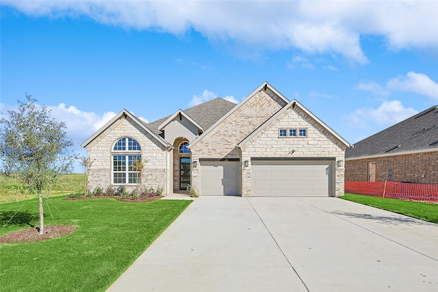 view of front of property with a front lawn and a garage