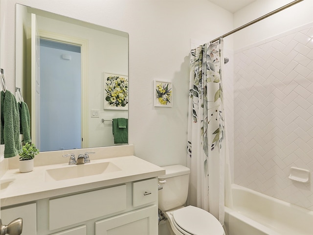 full bathroom with toilet, shower / bath combination with curtain, and vanity