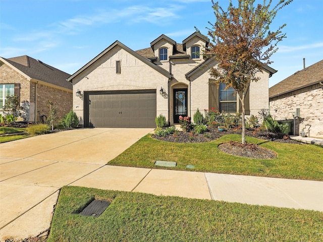 view of front of house with a garage and a front lawn