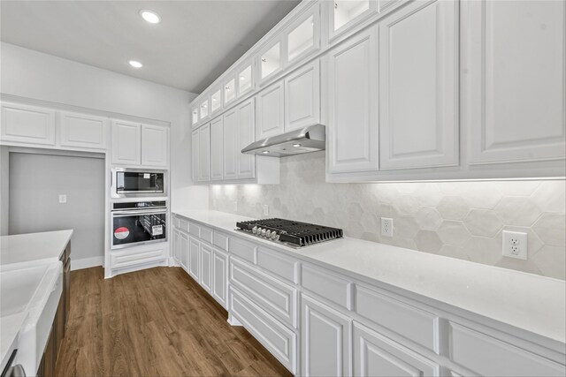 kitchen featuring tasteful backsplash, white cabinetry, stainless steel appliances, and dark hardwood / wood-style floors