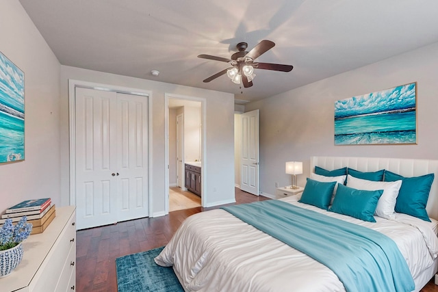 bedroom with ceiling fan, a closet, dark hardwood / wood-style floors, and ensuite bathroom