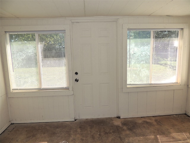 entryway with wood walls and plenty of natural light