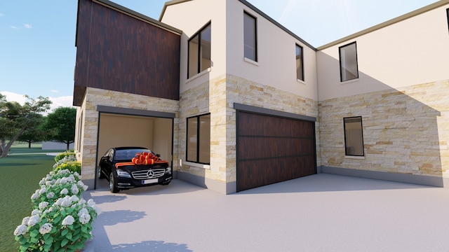5826 Club Oaks Dr, Dallas, TX 75248 - view of front of house with an attached garage, stone siding, and concrete driveway