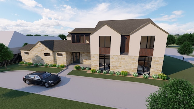 5826 Club Oaks Dr, Dallas, TX 75248 - view of front of house with roof with shingles, fence, and stone siding