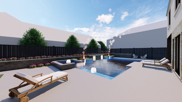 view of swimming pool featuring a patio area, pool water feature, and an outdoor fire pit