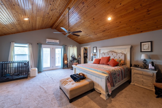 bedroom with carpet flooring, beam ceiling, a wall mounted AC, ceiling fan, and wooden ceiling